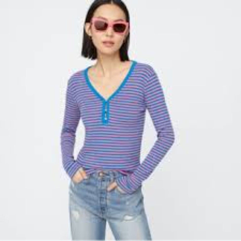 ✅ J. Crew Contrast Striped Ribbed Henley Top SIZE Medium PINK AND BLUE‎